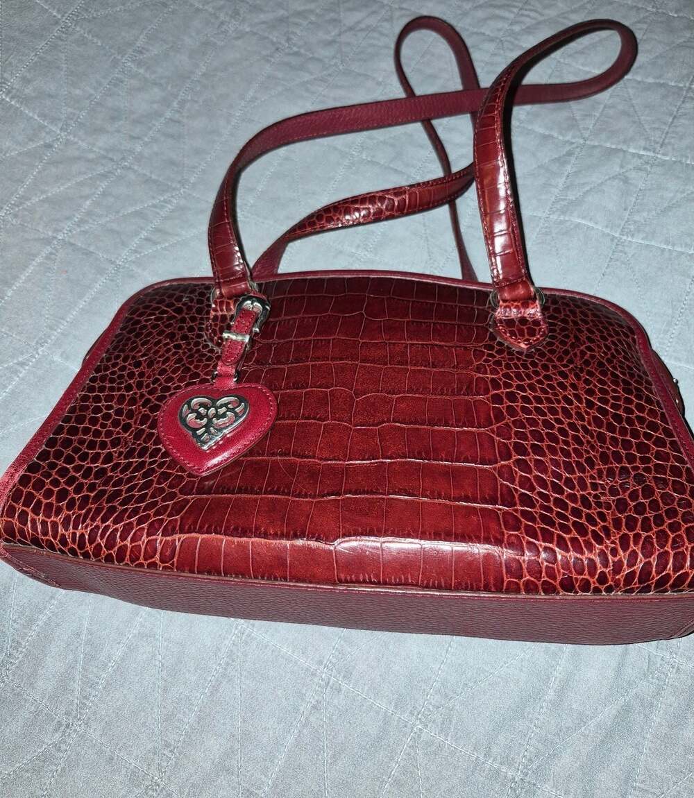Brighton Red Pebbled & Croc-Embossed Leather Shoulder Bag with Heart Charm
